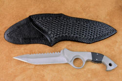 "Ari B' Lilah"  Counterterrorism Tactical Combat Knife, shown with leather sheath, obverse side view. Sheath is large, deep and protective in heavy leather shoulder