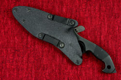 "Ari B'Lilah" professional counterterrorism knife, sheathed view, sheath back. Sheath has standardized spacing of mechanical fasteners to allow a tremendous variety of mounting and wearing options.