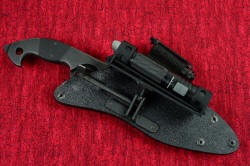 "Ari B'Lilah" professional counterterrorism knife, HULA shown with flashlight rotated up to lay flat on the sheath face. Here you can see the ball adjusting and locking pinch screw arrangement