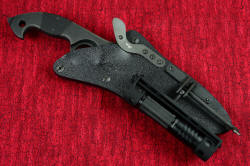 "Ari B'Lilah" professional counterterrorism knife, sheath shown with HULA mounted at lower position. HULA can be mounted in ten different positions and in 20 different orientations on this sheath!