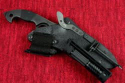 "Ari B'Lilah" professional counterterrorism knife, alternate mounting positions for HULA and LIMA. Both of these accessories can be mounted anywher along the sheath welts where there is the standard 2.5" spacing of Chicago screws