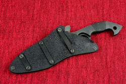 "Ari B'Lilah" professional counterterrorism knife, horizontal flat straps mounted on the sheath. These are stamped for location and position, and they clamp the sheath solidly to webbing, strap, or belt.