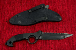 "Ari B'Lilah" professional counterterrorism knife, reverse side view. Sheath shown mounted with traditional standard low profile anodized aluminum belt loops