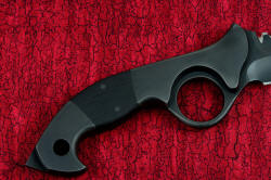 "Ari B'Lilah" professional counterterrorism knife, reverse side view. Large, well formed bolster reinforces blade over finger ring, large rear quillon locks the handle to the hand
