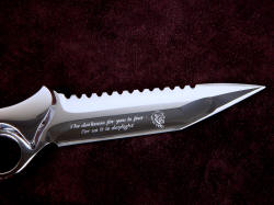 "Ari B'Lilah" reverse side blade and engraving detail. Mirror polished on CPM154CM is clean, rich, and flawless.
