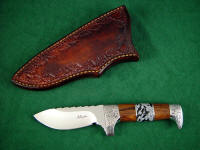 Aspen in 440C stainless blade steel, 304 stainless steel guard, Cocobolo hardwood, Snowflake Obsidian gemstone, leather sheath