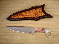 Bulldog in 440  stainless blade steel, 304 stainless bolsters, Crazy Lace Agate gemstone, Caiman skin sheath
