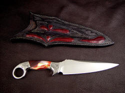 "Bulldog" collector's knife, Obverse side view: 440C high chromium stainless steel blade, hand-engraved 304 stainless steel bolsters, Mookaite Jasper gemstone handle, Ostrich leg skin inlaid in hand-carved leather