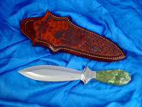 Cassini in 440C stainless blade steel, 304 stainless bolsters, British Colombian Jade gemstone, engraved leather sheath
