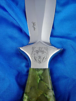 "Cassini" athame, bolster detail. Hand-engraving is in high nickel, high chromium stainless steel.