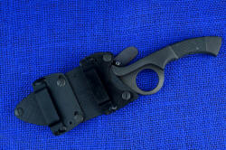 "Celeri" tactical counterterrorism knife, sheath shown with horizontal belt loop plates installed for wear in line with belt or webbing