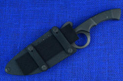 "Celeri" tactical counterterrorism knife, sheath shown with horizontal flat plate straps attached for clamping to webbing inline with the sheath