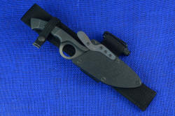 "Celeri" tactical counterterrorism knife shown with UBLX belt loop extender and ThruNite Ti3 flashlight