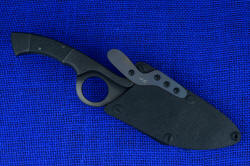 "Celeri" tactical counterterrorism knife, sheathed view in hybrid tension-locking sheath, all black