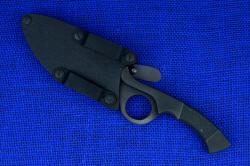 "Celeri" tactical counterterrorism knife, reverse side sheath view. May be worn in any position with hybrid tension-lock