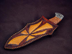 "Chama" sheathed view. Inlays compliment the knife pattern and design, sheath is deep and protective