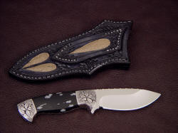 "Chama" reverse side view. Note sheath inlays of exotic emu skin in leather shoulder, on sheath back. Snowflake obsidian is rich and beautiful