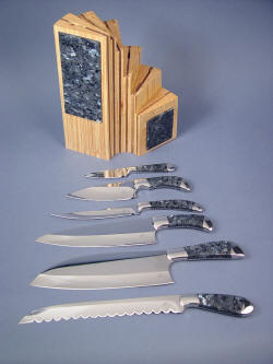 "Chef's Set" knives and block. Wide assortment of knives can handle nearly every chef's task in the kitchen