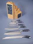 "Chef's Set" knives and block in 440C high chromium stainless steel blades, 304 stainless steel bolsters, Larvikite (Blue Pearl Granite) gemstone handles, block of Pecan, American Black Walnut, Blue Pearl Granite