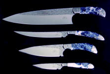 "Chef's Set" knife group, in hollow ground mirror polished 440C high chromium stainless steel blades, hand-engraved 304 stainless steel bolsters, scapolite in sodalite gemstone handles, stand of gemstone, rock maple, paduk hardwood