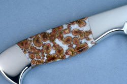"Concordia"  chef's knife, reverse side handle detail. Poppy Jasper is intruiging and beautiful, outlasting the blade and every owner! It's tough and durable and smooth and glassy.