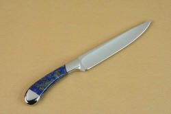 Beautiful blue-gray lapis gemstone handle of Sanchez Custom Chef's Knives in T3 cryogenically treated 440C high chromium stainless steel blades, 304 stainless steel bolsters, Lapis Lazuli gemstone handles, book case in top grain leather, leather shoulder and belly, hand-carved, stainless steel snaps