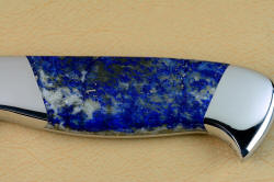 Lapis lazuli gemstone handle scale detail of Concordia Custom Chef's Knives in T3 cryogenically treated 440C high chromium stainless steel blades, 304 stainless steel bolsters, Lapis Lazuli gemstone handles, book case in top grain leather, leather shoulder and belly, hand-carved, stainless steel snaps