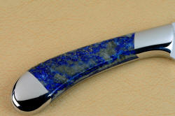 Metallic pyrite particles on reverse side gemstone of Sanchez Custom Chef's Knives in T3 cryogenically treated 440C high chromium stainless steel blades, 304 stainless steel bolsters, Lapis Lazuli gemstone handles, book case in top grain leather, leather shoulder and belly, hand-carved, stainless steel snaps