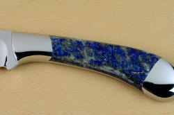 Beautiful combination of minerals of Lapis Lazuli from Afghanistan on  Sanchez Custom Chef's Knives in T3 cryogenically treated 440C high chromium stainless steel blades, 304 stainless steel bolsters, Lapis Lazuli gemstone handles, book case in top grain leather, leather shoulder and belly, hand-carved, stainless steel snaps