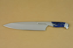 Concordia Custom Chef's knife, obverse side view in T3 cryogenically treated 440C high chromium stainless steel blades, 304 stainless steel bolsters, Lapis Lazuli gemstone handles, book case in top grain leather, leather shoulder and belly, hand-carved, stainless steel snaps