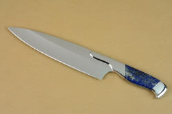 Concordia Custom Chef's knife, front bolster extended for pinch grip in T3 cryogenically treated 440C high chromium stainless steel blades, 304 stainless steel bolsters, Lapis Lazuli gemstone handles, book case in top grain leather, leather shoulder and belly, hand-carved, stainless steel snaps