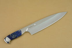 Concordia Custom Chef's knife, reverse side, razor keen edge in T3 cryogenically treated 440C high chromium stainless steel blades, 304 stainless steel bolsters, Lapis Lazuli gemstone handles, book case in top grain leather, leather shoulder and belly, hand-carved, stainless steel snaps