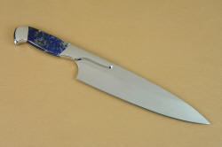 Concordia Custom Chef's knife, point and blade curvature detail in T3 cryogenically treated 440C high chromium stainless steel blades, 304 stainless steel bolsters, Lapis Lazuli gemstone handles, book case in top grain leather, leather shoulder and belly, hand-carved, stainless steel snaps
