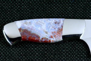 "Corvus" Custom Chef's Knife, reverse side handle detail,  in T3 Deep cryogenically treated 440C high chromium martensitic stainless steel blade, 304 stainless steel bolsters, Bay of Fundy Agate Fossil gemstone handle, hand-dyed, hand-cast silicone prise