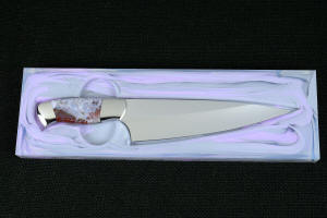 "Corvus" Custom Chef's Knife, reverse side view in T3 Deep cryogenically treated 440C high chromium martensitic stainless steel blade, 304 stainless steel bolsters, Bay of Fundy Agate Fossil gemstone handle, hand-dyed, hand-cast silicone prise