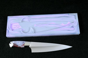 "Corvus" Custom Chef's Knife, reverse side view, in T3 Deep cryogenically treated 440C high chromium martensitic stainless steel blade, 304 stainless steel bolsters, Bay of Fundy Agate Fossil gemstone handle, hand-dyed, hand-cast silicone prise