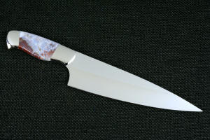 "Corvus" Custom Chef's Knife, reverse side blade detail,  in T3 Deep cryogenically treated 440C high chromium martensitic stainless steel blade, 304 stainless steel bolsters, Bay of Fundy Agate Fossil gemstone handle, hand-dyed, hand-cast silicone prise