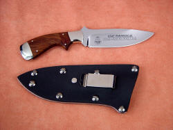 USAF Pararescue CSAR custom knife, reverse side view. This knife owner requested a nickel plated steel belt clip for the sheath. Note fine blade etching