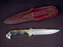 "Cygnus-Horrocks Magnum" reverse side view. Fine hand-tooling and double row stitiching throughout heavy knife sheath
