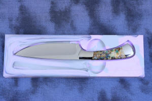 Cygnus ST, knife obverse view, in CPM154CM powder metal technology high molybenum stainless steel, T3 Deep cryogenically treated blade, 304 stainless steel bolsters, Kaleidoscope Stone gemstone handle, hand-dyed, hand-cast silicone prise