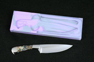 Cygnus ST, reverse side prise detail, in CPM154CM powder metal technology high molybenum stainless steel, T3 Deep cryogenically treated blade, 304 stainless steel bolsters, Kaleidoscope Stone gemstone handle, hand-dyed, hand-cast silicone prise