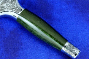 "Daqar" Custom handmade dagger, gemstone handle detail view ,  in T4 deep cryogenically treated CPM 154CM Powder metal technology martensitic stainless steel blade, hand-engraved, 304 austenitic stainless steel fittings, hand-engraved, nephrite jade gemstone handle, hand-carved leather sheath inlaid with American Bison skin