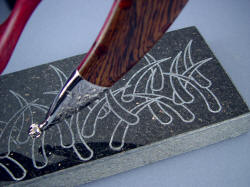 "Desert Wind" base, chape tailpiece detail. Black Galaxy Granite has micaceous copper flakes within, originates in India