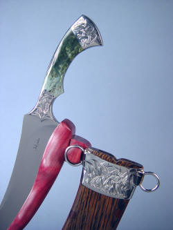 "Desert Wind" stand detail. Sheath hangs on notched peg, knife cutting edge is secure in slotted Purpleheart