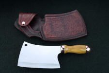 "Edesia" fine handmade cleaver, obverse side view in 440C high chromium stainless steel blade, copper fittings, olive hardwood handle, hand-tooled leather sheath