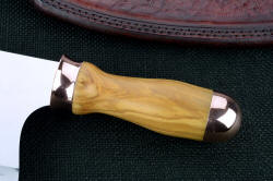 "Edesia" handmade cleaver, obverse side handle detail. Polished copper and olive hardwood are a durable, long-lived classic knife handle material for the chef