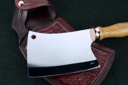 "Edesia" fine chef's cleaver, obverse side view showing maker's mark etched in thin hand-ground hollow blade.