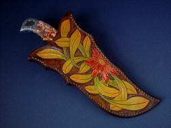 "Flamesteed" sheathed view. Sheath is thick, robust, and deep, matching colors on gemstone  handle scales. 