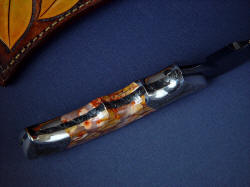 "Flamesteed" inside handle tang view. Bolsters are dovetailed, all surfaces are contoured, finished, and polished for comfort