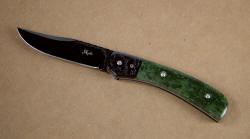"Gemini" linerlock folding knife detail: blued steel and nephrite Jade gemstone
